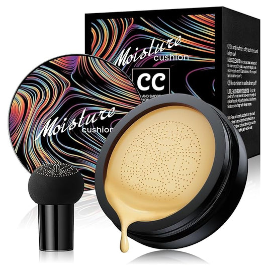 Mushroom Head Air Cushion CC Cream, Long Lasting Matte Concealer, Bright Makeup Base, Moisturizing BB Cream Liquid Foundation, Collagen Cushion Foundation (Buff Beige, 3.21 Ounce (Pack of 1))