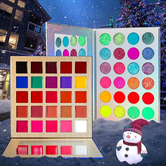 DE'LANCI Neon Eyeshadow Palette 24 Color + Lipstick Pallet 25 Color UV Blacklight Matte and Glitter Shade, Colorful Makeup Set for Christmas Halloween Cosplay Face Body Eyes Makeup Ket