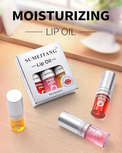 3Pcs Hydrating Lip Oil Set，Non-sticky Lip Oils Gloss Lip Balm Lip Care，Deeply Nourishing and Repairing Prevents Lips Chapped and Lighten Lip Lines(Honey，Peach，Strawberry)