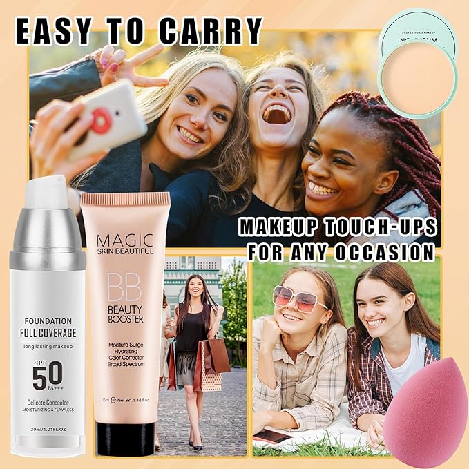 2PCS Color Changing Liquid Foundation Makeup,Flawless Full Coverage Foundation with Makeup Brush and Sponge,Non-greasy Long Lasting Moisturizing SPF50 PA+++ Face Sunscreen for Women(B)