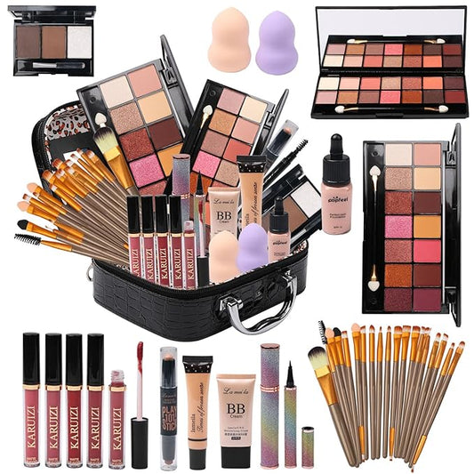All in One Makeup Kit for Makeup storage bag 2X14 Colors Eyeshadow Palette Liquid Foundation Eyeliner Pencils Contouring Stick Lip Gloss 20Pcs Makeup Brushes For Women Girls Teens (Black)