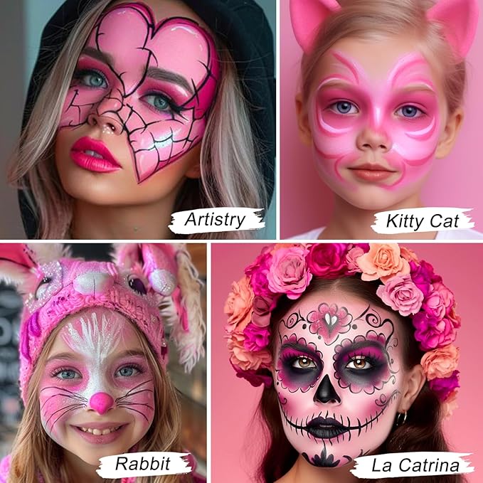 UCANBE Pink Face Body Paint Makeup Foundation, Professional Waterproof Cream Greasepaint, Non-Toxic Face Painting Kit for Halloween Makeup, Sugar Skull SFX Cosplay, Special Effects Costume & Parties