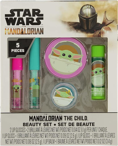 Mandalorian Baby Yoda Die Cut Lip Gloss Beauty Set – Includes 4 Flavored Lip Glosses and 1 Green Apple Flavored Lip Balm, Star Wars Themed Makeup Kit & Baby Yoda Gift Set