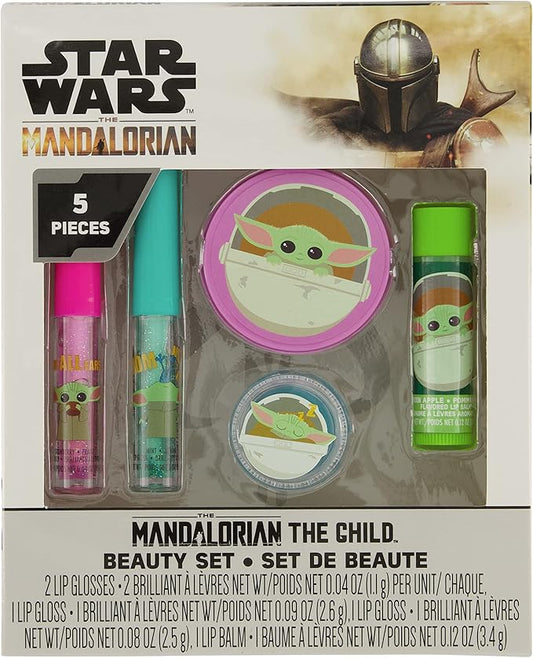 Mandalorian Baby Yoda Die Cut Lip Gloss Beauty Set – Includes 4 Flavored Lip Glosses and 1 Green Apple Flavored Lip Balm, Star Wars Themed Makeup Kit & Baby Yoda Gift Set