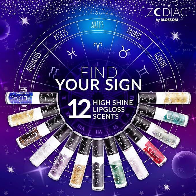 Blossom Lip Gloss Zodiac Sign Vanilla Scented Roll-On Lip Gloss, Moisturizing + Hydrating with Zodiac Crystals, Made in USA, 0.20oz, Aries