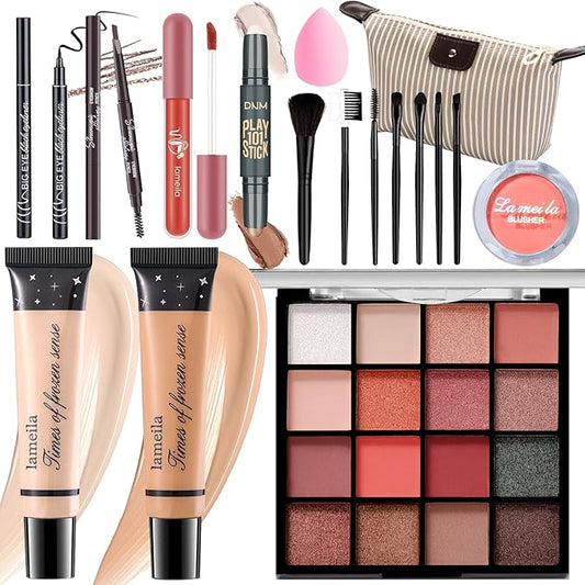Makeup Set for Girls & Women, Full Face Kit, Travel Kit, Present Set, Eyeshadow, Foundation, Blusher, Eyeliner, Lip Gloss, Makeup Brushes & Sponge Bag