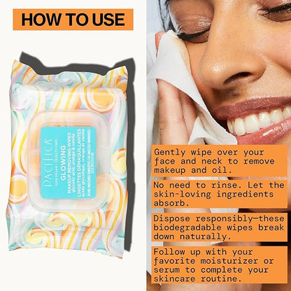 Pacifica Makeup Remover Face Wipes - 8-Pack Daily Facial Cleansing Exfoliating Towelettes - Biodegradable - Organic - w/Gycolic Acid - Clean Beauty Vegan & Cruelty-Free Dermatologist Tested 240 Count