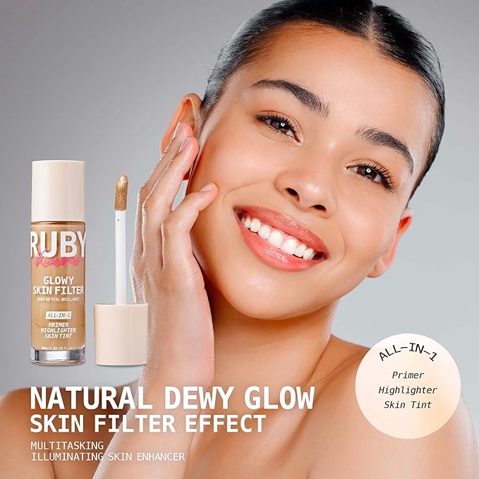 Ruby Kisses Glowy Skin Filter Foundation - All-in-1 Primer, Skin Tint & Highlighter, Hydrating Light Coverage with Squalane, Natural Dewy Finish, Luminous & Radiant Glow (Medium)