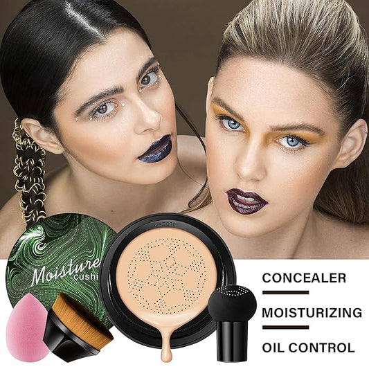 2PCS Mushroom Head Air Cushion CC Cream, Moisturizing Lasting Oil Control BB Cream for All Skin Types, Full Coverage Concealer Liquid Foundation Face Makeup Set with Foundation Brush & Makeup Sponge A
