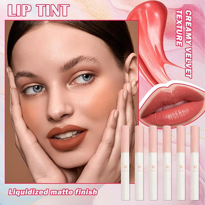 6 Colors Lip Tint Stain Set,Mini Liquid Lipstick Moisturizing Long Lasting Plumping High Pigmented Lip Gloss Set,Lightweight Non-Stick Cup Matte Lipstick for Waterproof Cheek and Lip Tint Makeup B