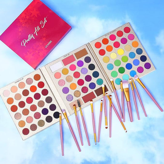 UCANBE Dewy Makeup Setting Spray + 86 Colors Eyeshadow Palette with 15pcs Makeup Brushes Set Matte Glitter Long Lasting Highly Pigmented Waterproof Contour Blush Powder Highlighter