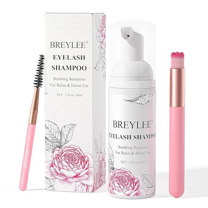 BREYLEE Eyelash Cleanser, Shampoo Foam & Brushes Eyelid Cleanser for Makeup Remover Paraben & Sulfate Free for Salon and Home Use(60ml, 2 fl oz)