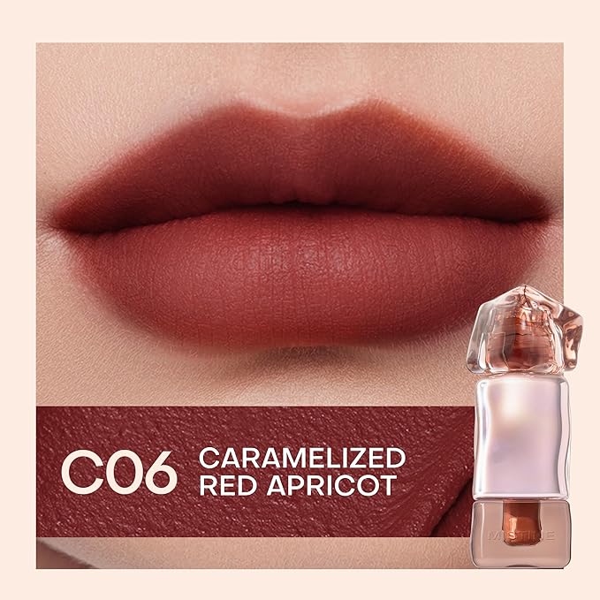 Mistine Cream Lip Gloss Thai latte Long Lasting Lip Gloss Non-sticky Silk Smooth Mist Matte Finish Lip Tint Gloss C06 Caramelized Red Apricot 0.1 fl oz 1 Count