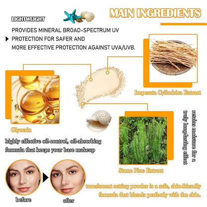 Mineral Sunscreen Setting Powder SPF 50+ PA++++,Translucent Powder Sunscreen for Face,Lasting Matte Oil Control Brush Face Powder,Lightweight & Water Resistant Makeup Setting Powder