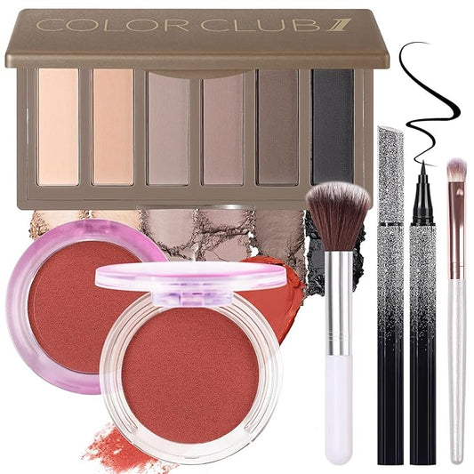 Makeup Kit for Women Full Kit All In One Make up Gift Set for Teens Girls Including 6 Colors Mini Naked Eyeshadow Palette, Cream-To-Powder Matte Face Blush, Waterproof Eyeliner, 2PCS Brushes 01