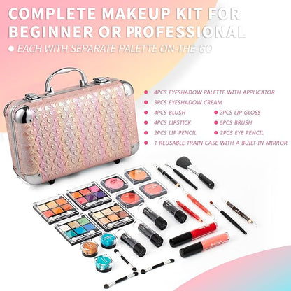 Hot Sugar All In One Makeup Set for Teen Girls - Full Makeup Kit for Beginners With Eye Shadow Palette, Blush, Lip Gloss, Brush, Mirror (Pink Heart)