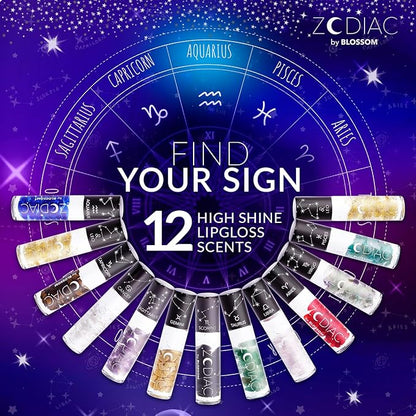 Blossom Lip Gloss Zodiac Sign Vanilla Scented Roll-On Lip Gloss, Moisturizing + Hydrating with Zodiac Crystals, Made in USA, 0.20oz, Aquarius