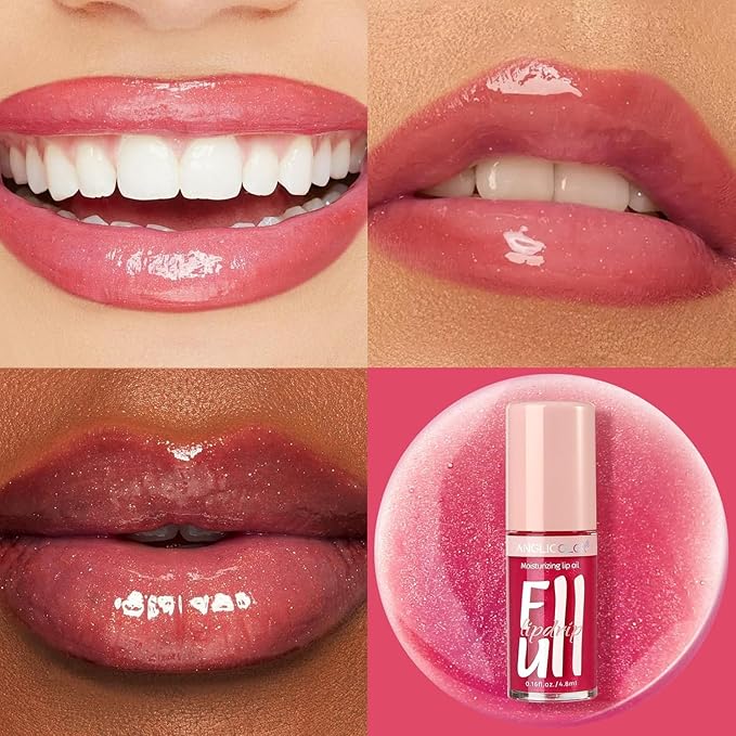 2PC Lip Oil and Metallic Glitter Pink Lipstick,Natural Lip Plumper,Fruit Flavoured Lip Oil,For Dry Lip's Moisturizing Hydrating,Vegan & Cruelty-free (03 Aphrodite+15)