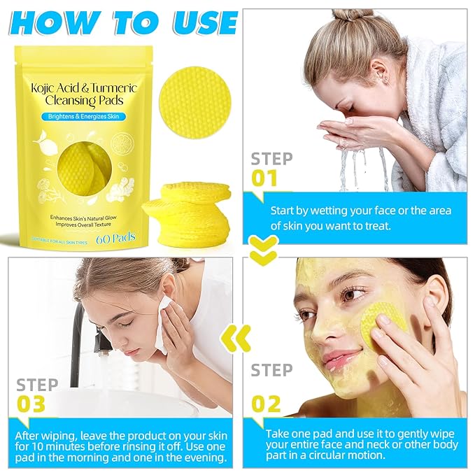 Turmeric Cleansing Pads Kojic Acid Turmeric Cleansing Pads, Face Turmeric & Kojic Acid Pads for Dark Spots, Glow Up Acne Scars, Unclog Pores, Enriched Vitamin C,Gentle & Non-Irritating