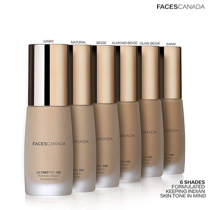 Faces Canada HD Runway Ready Foundation, Red Orange Extract & Gold particles, High Coverage, Oil-Free, Flawless Radiance, Vegan & Cruelty Free, Paraben Free, Ivory 01 (Beige), 1.01 Fl Oz