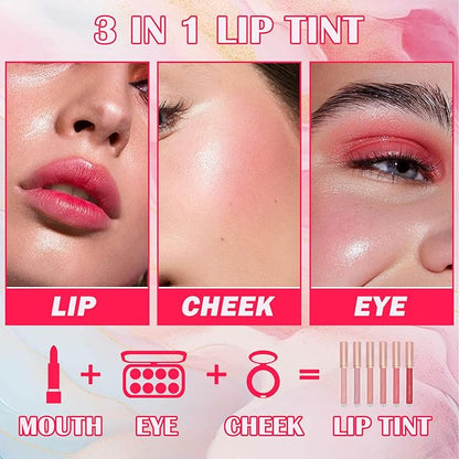 6 Colors Lip Tint Stain Set,Mini Liquid Lipstick Moisturizing Long Lasting Plumping High Pigmented Lip Gloss Set,Lightweight Non-Stick Cup Matte Lipstick for Waterproof Cheek and Lip Tint Makeup E