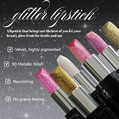 3PCS Glitter Lipstick Sets for Women,Women's Diamond Shiny Matte Lip Gloss,Long Lasting Smudgeproof Non-Stick Lipstick,Lip Stick Lip Stain Makeup Gift Sets,Labiales mate 24 horas originale