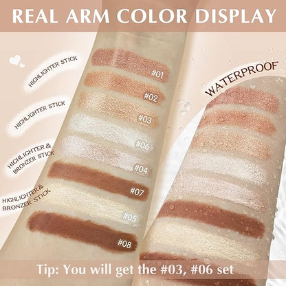 2 Pcs Cream Contour Stick Makeup Kit, Cream Highlighter Stick & Contour Bronzer Stick for Cheeks, Lightweight Blendable Smooth -Highlighter (#03 Champagne Gold #06 Silver)