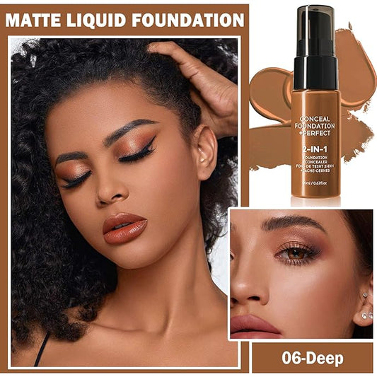 Concealer Full Coverage Foundation for Mature Skin,Oil Control Matte 2 in 1 Concealer liquid Foundation Makeup Waterproof Base De Maquillaje Alta Cobertura-06 Deep