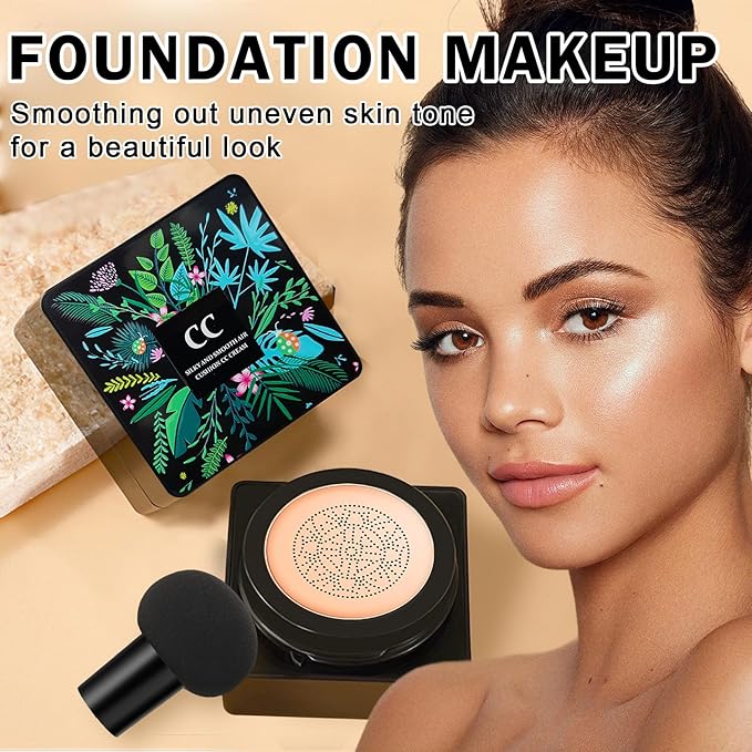 Mushroom Head Air Cushion CC Cream Foundation,2PCS Moisturizing BB Cream Cushion Foundation Makeup,Full Coverage Long Lasting Matte Concealer Base de Maquillaje（Natural）