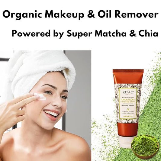 KITAO Organic Moisturizing Oil & Makeup Remover for Dry, Oily & Sensitive Skin Women & Men, Hydrating Cleansing Cream with Natural Matcha& Chia& Antioxidant for Eyes, Face, Lip from Japan, 3.8 Fl Oz