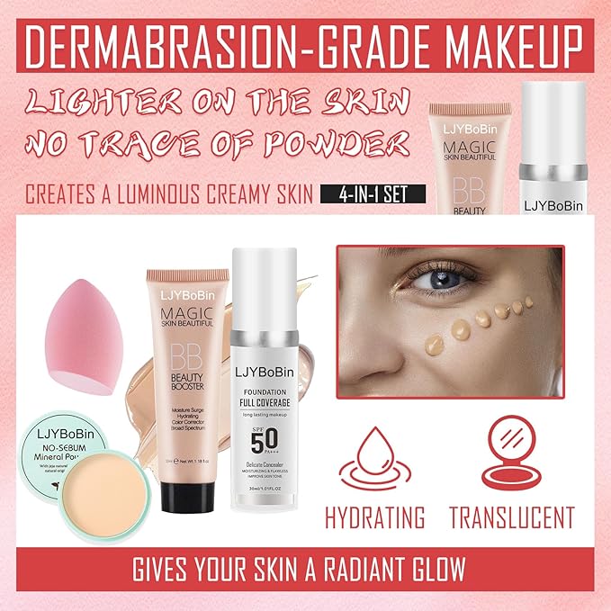 4PCS Full Coverage Foundation Set,Waterproof Long Lasting Moisturizing Color Changing Foundation,Hydrating BB Cream,Translucent Matte Loose Setting Powder Face Base Makeup Set with Makeup Sponge