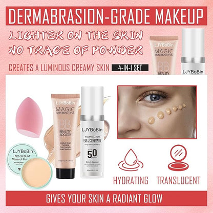 4PCS Full Coverage Foundation Set,Waterproof Long Lasting Moisturizing Color Changing Foundation,Hydrating BB Cream,Translucent Matte Loose Setting Powder Face Base Makeup Set with Makeup Sponge