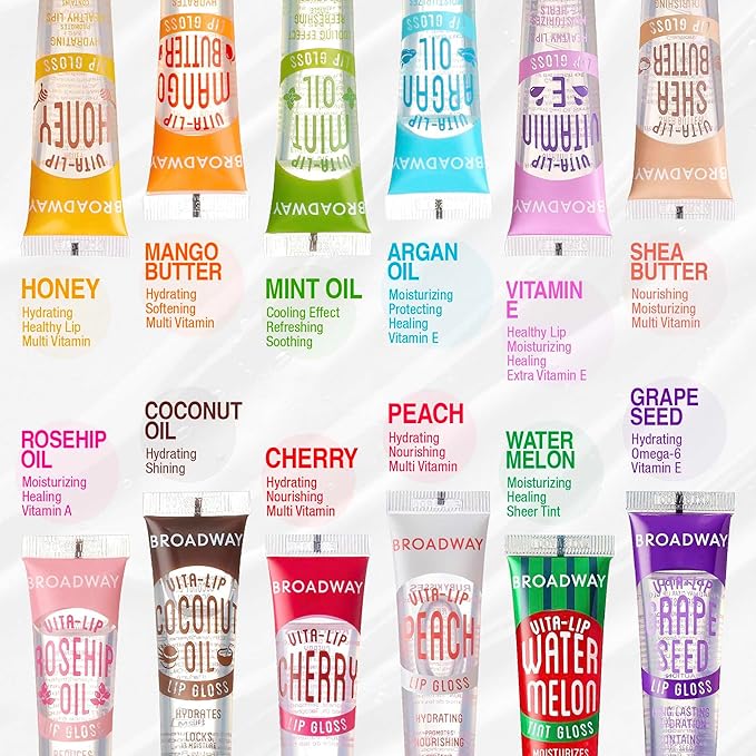 Ruby Kisses Broadway Vita-Lip Tinted Lip Gloss (3 Pack Baby Pink, Bubble Gum, Nude Pink) Ultra-Hydrating Rosehip + Jojoba Oil & Soothing Formula with Vitamins, High-Shine Non-Sticky Finish Lip Balm