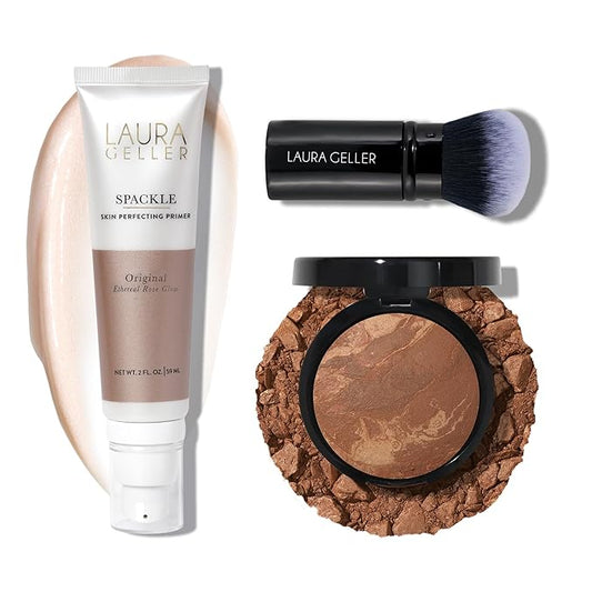 LAURA GELLER NEW YORK Baked Balance-n-Brighten Powder Foundation - Toffee + Spackle Super-Size Skin Perfecting Makeup Primer - Ethereal Rose Glow + Retractable Airbrush Kabuki Brush