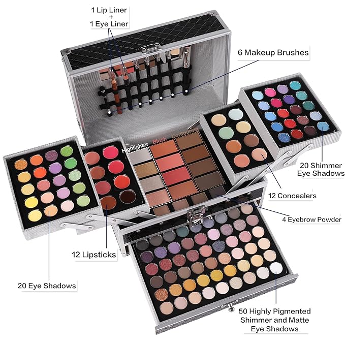 All in One Makeup Gift Set for Women Girls Full Kit, Includes Eyeshadow, Lipstick, Concealer, Highlighter, Eyebrow Powder, Blush, Contour, Lip Liners, Eyeliner, Brushes (Black)