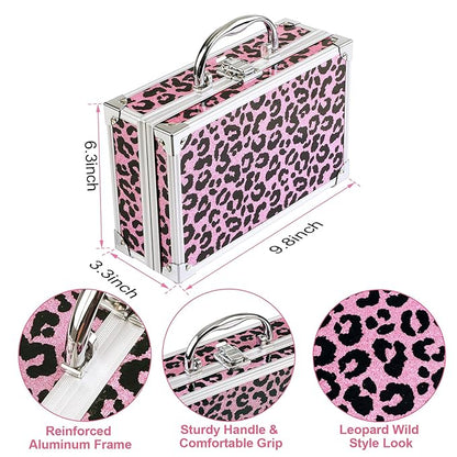 Anpro All-In-One Makeup Carry Case with Pro Teen Makeup Set, Full Starter Cosmetics Kit with Makeup Brushes, Lipsticks, Eye Shadows Palette, Blushes, Glitter Gel-Pink Leopard