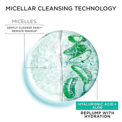 Garnier Micellar Water with Hyaluronic Acid, Facial Cleanser & Makeup Remover, Hydrating and Plumping, For All Skin Types, Vegan, Cruelty Free, 13.5 Fl Oz (400mL), 1 Count