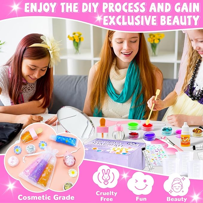 DIY Lip Gloss Making Kit 74 PCS, Purple Kids Lip Gloss Supplies Set Beginner, Fun Craft Set Moisturizing Base, Birthday Gift for Girls, Kids, Teenagers, Women