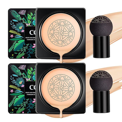 Mushroom Head Air Cushion CC Cream Foundation,2PCS Moisturizing BB Cream Cushion Foundation Makeup,Full Coverage Long Lasting Matte Concealer Base de Maquillaje（Natural）