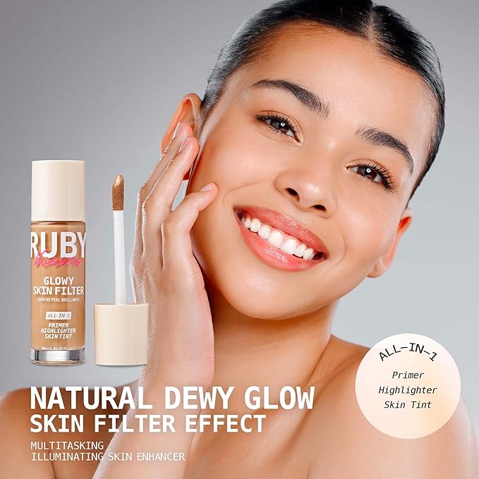 Ruby Kisses Glowy Skin Filter Foundation - All-in-1 Primer, Skin Tint & Highlighter, Hydrating Light Coverage with Squalane, Natural Dewy Finish, Luminous & Radiant Glow (Tan)