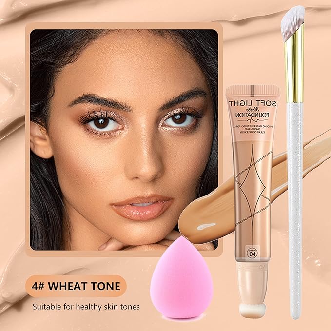 Foundation Beauty Wand Kit, Long-lasting Waterproof Matte Concealer Foundation Cream,Cover Face Pores Spots Silky Breathable Foundation Stick,Valentine's Day Makeup Gift Set for Women-04 Wheat