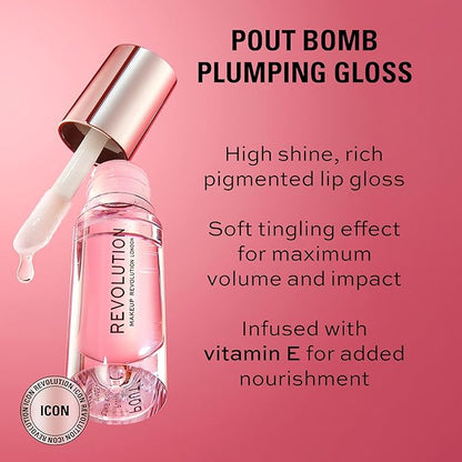 Revolution, Pout Bomb Plumping Lip Gloss, High Shine, Rich Glossy Pigment, Infused with Vitamin E, Juicy Red, 0.15 fl oz