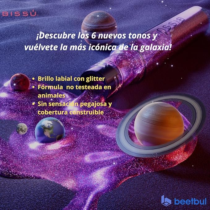 Bissú Glitter Lip Gloss - 6 different Buildable Shades, Non-Sticky, Cruelty-Free, Long-Lasting Shine 0.14 oz (02 Polvo Estelar, Large)