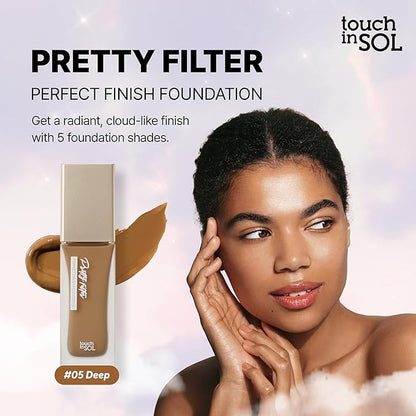 TOUCH IN SOL Pretty Filter Perfect Finish Foundation for Flawless, Natural Look -Lightweight and Full-Coverage Matte Base for All Skin Types-Face Makeup with Natural Ingredients,1.18 fl.oz. (#5 Deep)