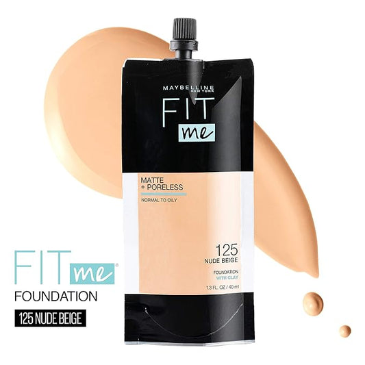 Maybelline New York Fit Me Matte + Poreless Liquid Foundation, Pouch Format, 125 Nude Beige, 1.3 Ounce