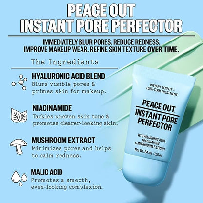 PEACE OUT Skincare Instant Pore Perfector, Skin Primer to Blur Pores, Reduce Redness and Extend Makeup Wear, Instant Filter Finish, Hyaluronic Acid and Niacinamide, Silicone-Free, 0.8 Oz