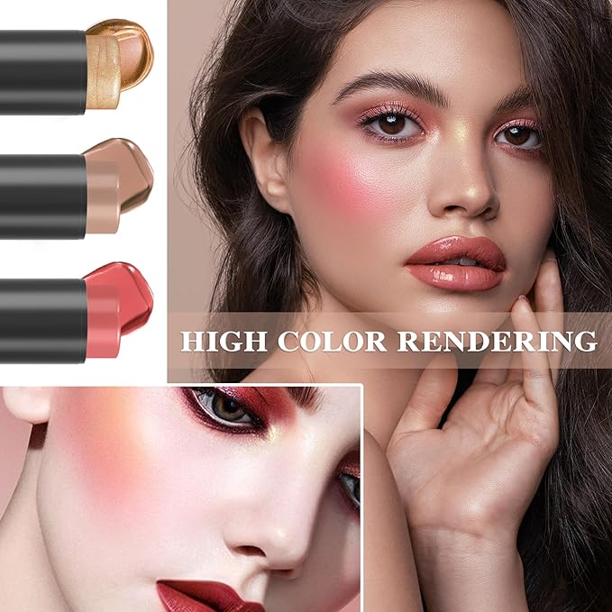 3P Cream Blush Stick with Brush,Waterproof Multi Cream Blush Stick Makeup,Lightweight,Long-lasting,Easy To Use,2 in 1 Multi Stick Blush for Cheeks & Lip Tint & Eyeshadow Makeup Q345