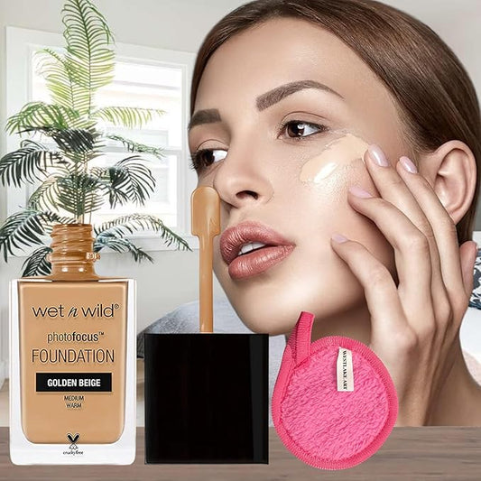 Photo Focus Matte Liquid Foundation, Golden Beige - Foundation Brush Compatible, Full Coverage, Infallible Formula | Bundled with Makeup Cleansing Cloth, Vegan & Cruelty-Free (Pack of 1)