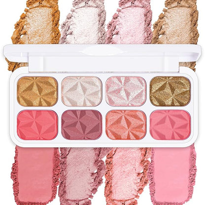8 Colors Blush Palette Makeup, Face Highlighters Contouring Powder, Shimmer Bronzer Rubores De Maquillaje for Cheeks, Mineral Blushes Highlighting Shades Waterproof Illuminator Women Cosmetics