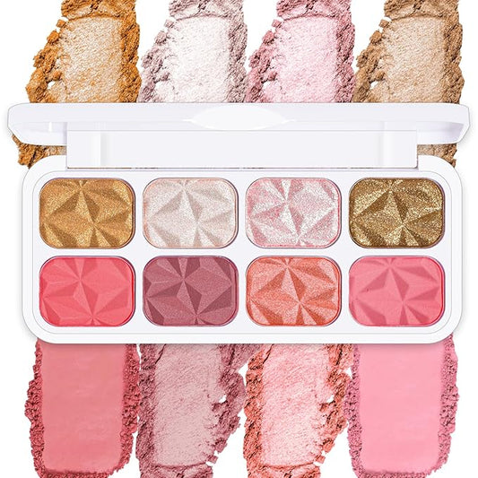 8 Colors Blush Palette Makeup, Face Highlighters Contouring Powder, Shimmer Bronzer Rubores De Maquillaje for Cheeks, Mineral Blushes Highlighting Shades Waterproof Illuminator Women Cosmetics